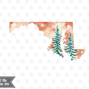 Maryland Zustand - Winter Aquarell rustikale Design - Sonnenuntergang Weihnachtsbaum Dekor - Jpeg PNG Planer Aufkleber Grafik - Sublimation Download