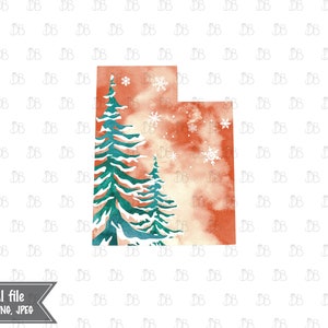 Utah Zustand - Winter Aquarell rustikale Design - Sonnenuntergang Weihnachtsbaum Dekor - Jpeg PNG Planer Aufkleber Grafik - Sublimation Download