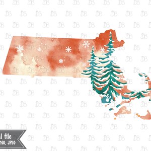 Massachusetts State - Winter Aquarell rustikale Design - Sonnenuntergang Weihnachtsbaum Dekor - Jpg PNG Planer Aufkleber Grafik - Sublimation Download