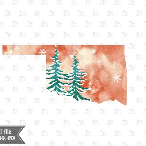 Oklahoma Zustand - Winter Aquarell rustikale Design - Sonnenuntergang Weihnachtsbaum Dekor - Jpeg PNG Planer Aufkleber Grafik - Sublimation Download