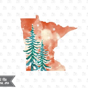 Minnesota State - Winter Aquarell rustikale Design - Sonnenuntergang Weihnachtsbaum Dekor - Jpeg PNG Planer Aufkleber Grafik - Sublimation Download