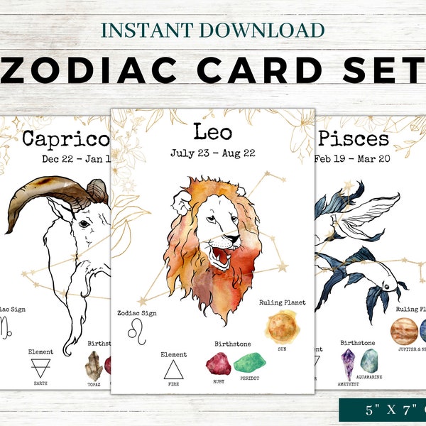 Set of 12 Zodiac Cards Printable, Zodiac Signs Cards, Zodiac Sign Wall Art, Crystal Information Cards, Zodiac Crystal Inserts