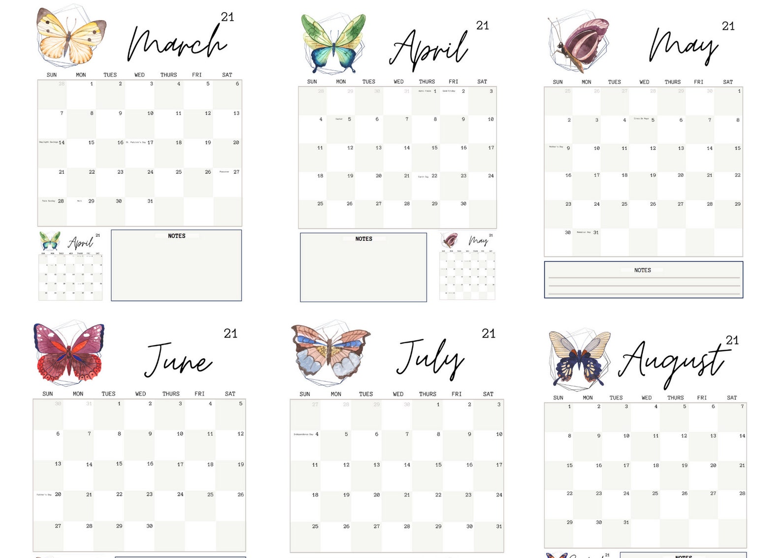 Wall Calendar 2021 Printable butterfly watercolor geometric Etsy