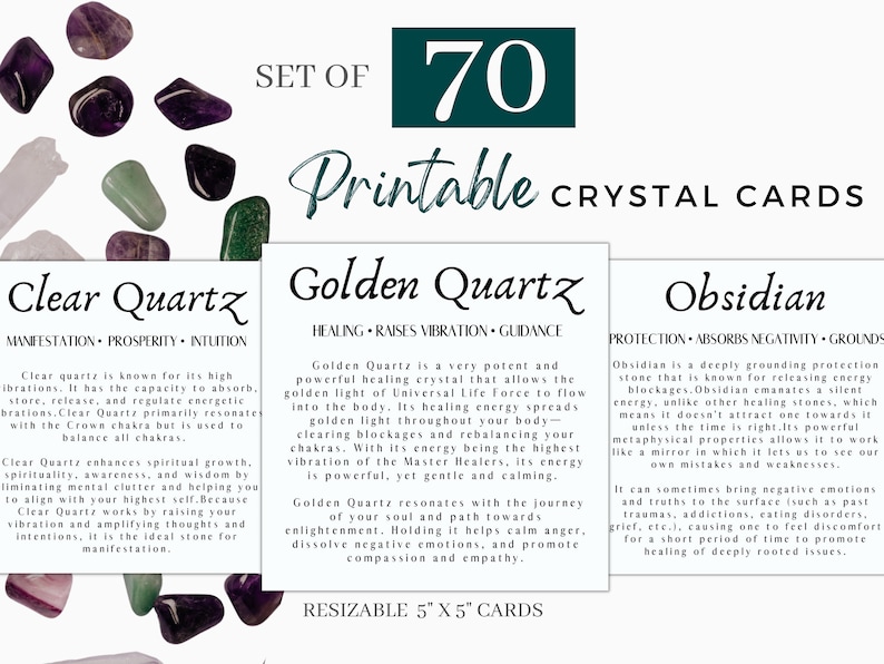 Ensemble de 70 crystal meaning card deck, Crystal Info Cards, Gemstone Fact Cards, Crystal Card Prints image 1