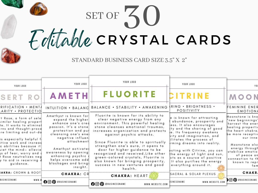 Set of 30 Editable Crystal Information Cards Instant Download Crystal