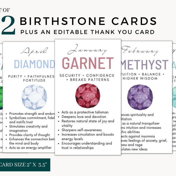 Set of 12 Printable Birthstone Info Cards, gemstone meaning cards, crystal meaning cards, crystal card template, jewelry packaging insert