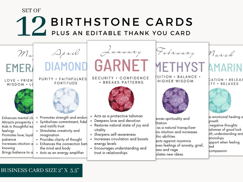 Set of 12 Printable Birthstone Info Cards Gemstone Meaning - Etsy
