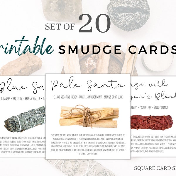 Set of 20 Instant Download Smudge Meaning Cards, Smudge Stick Printables, Printable Sage Meaning Cards, Smudging Information Cards