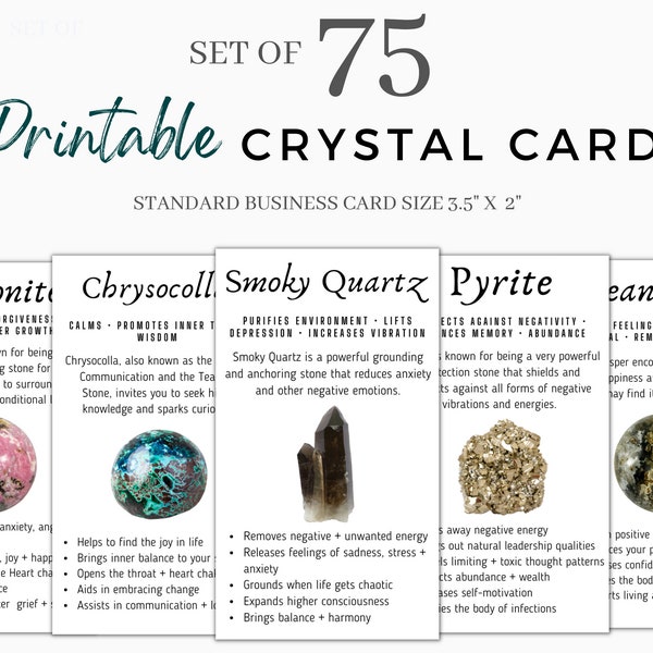 Set of 75 Business Card Sized Crystal Meaning Card Bundle | Crystal Information Cards |  Gemstone Meaning Cards | Crystal Descriptions