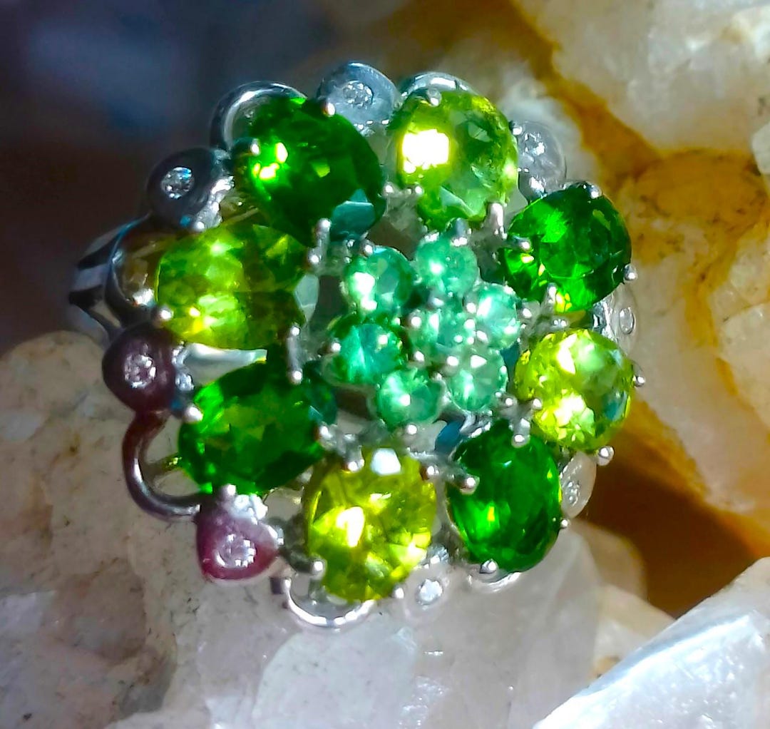 Bague En Argent Massif Sertie De Grenat, Péridot Et Diopside – Taille 52, 4,13 Grammes, Neuf étiqueté