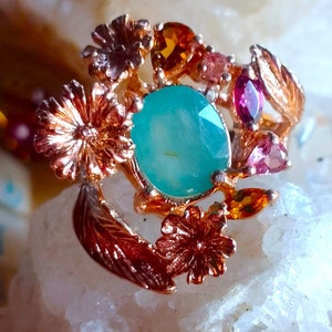 10x8 mm.natural grandidierite and multicolor tourmaline 925 silver sterling rose golden plate ring size 7 3/4