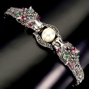 natural ruby,emerald, white pearl and marcassiti 925 silver sterling 25 cm long  tiger bracelet