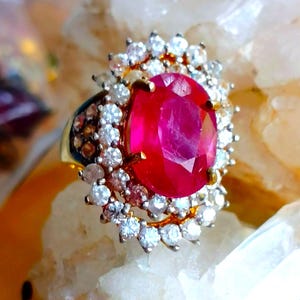 14x10 mm. natural ruby and white cz 925 silver sterling golden plate ring size 6
