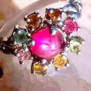 Anillo de plata de ley 925 con rubí estrella natural de 6 rayos y turmalina multicolor, talla 7 1/2