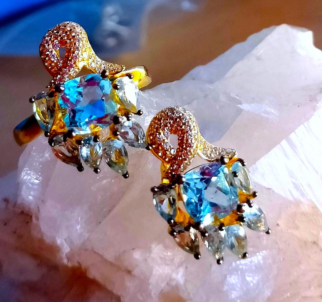Natural Sky Blue Topaz 925 Silver Sterling Golden Plate Ring and ...