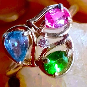 natural tsavorite garnet, pink sapphire and tanzanite 935 silver sterling ring size 7 3/4
