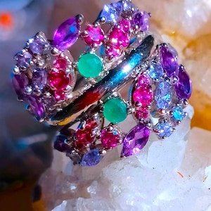 natural tanzanite,rhodolite garnet,emerald 925 silver sterling ring size 7 3/4