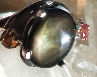 natürlicher 6 Strahlen Stern schwarz saphir und orange Saphir 925 Silber Sterling Ring