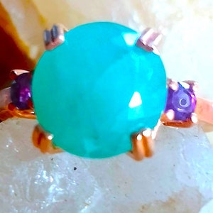 10 mm.diam.natural grandidierite and amethyst 925 silver sterling rose golden plate ring size 6 3/4
