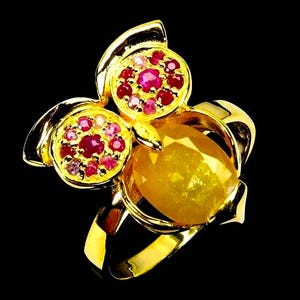 Bellissimo anello con gufo, zaffiro giallo naturale e rubino da 9 x 7 mm, in argento sterling 925 placcato oro, misura 6 3/4.