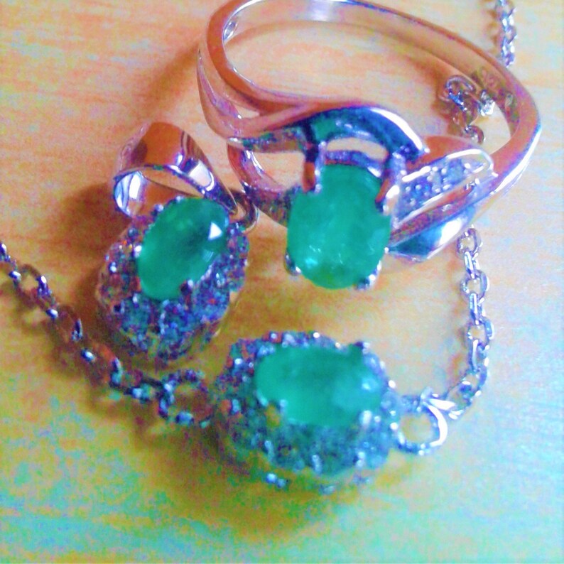 8x6 mm natural emerald 925 silver sterling bracelet pendant and ring size 7 24
