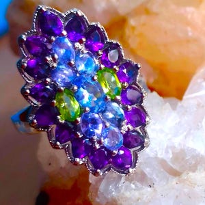 3 cm long ring size 9 with natural tanzanite,amethyst,peridot 925 silver sterling