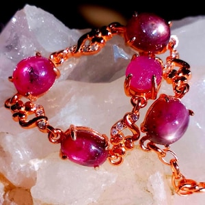natural 6 rays star ruby 925 silver sterling rose golden plate bracelet