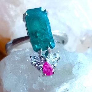 14x5 mm!! natural grandidierite and pink tourmaline 925 silver sterling ring size 7 3/4