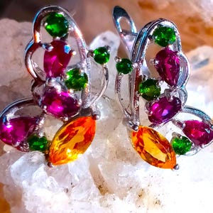 nice butterflies with natural citrine, rhodolite garnet, diospide 925 silver sterling earrings