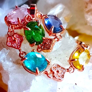 8x6 mm. natural sphene,apatite, pink and green tourmaline,tanzanite 925 silver sterling rose golden plate bracelet