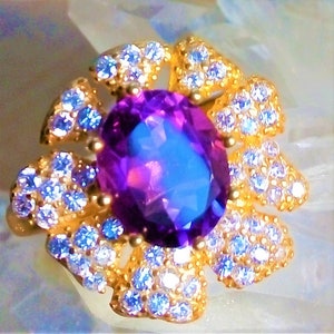 10x8 mm natural amethyst 925 silver sterling golden plate ring size 9