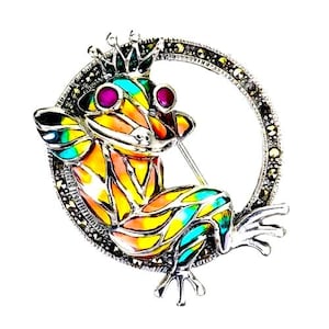 funny frog with natural ruby and marcassiti 925 silver sterling enamel 4 cm. wide brooch
