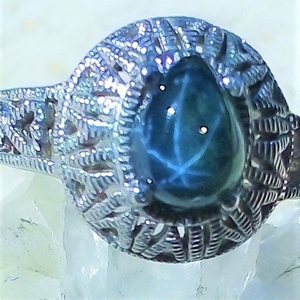 7x5 mm natural 6 rays star blue sapphire 925 silver sterling ring