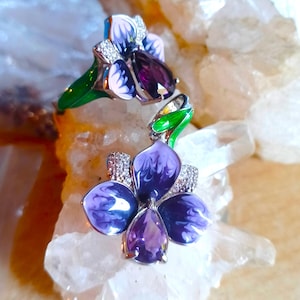 Bonita violeta con amatista natural, colgante y anillo de plata esterlina 925 esmaltada talla 8