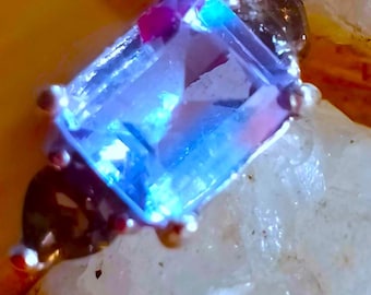 10x8 mm. natural blue fluorite and smokey quartz 925 silver sterling ring size 7
