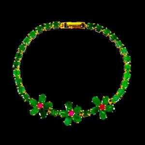 5x4 mm. natural unheated emerald and ruby 925 silver sterling golden plate 18 cm. long bracelet