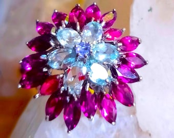 3 cm long ring with natural 7x4 mm rhodolite garnet,aquamarine and tanzanite 925 silver sterling size 9