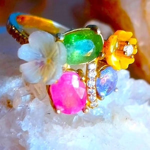 natural pink sapphire, tanzanite and tsavorite and mother of pearl 925 silver sterling golden plate ring