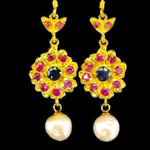 5 cm. long earrings with 10 mm. size natural baroque white pear, ruby,blue sapphire 925 silver sterling golden plate