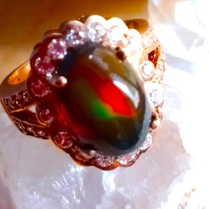12x8 mm. natural black opal 925 silver sterling rose golden plate ring size 6 1/2
