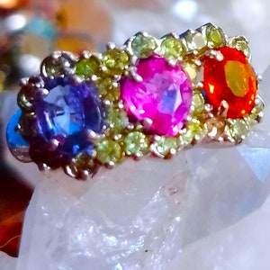 natural spessartine garnet, pink sapphire, tanzanite and peridot 925 silver sterling ring size 7 3/4