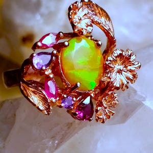 beautiful 10x8 mm natural ethiopian opal, amethyst and rhodolite garnet 925 silver sterling rose golden plate ring size 7 3/4