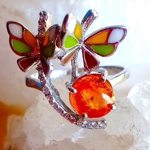 nice butterflies with natural spessartine garnet 925 silver sterling ring size 7 1/2