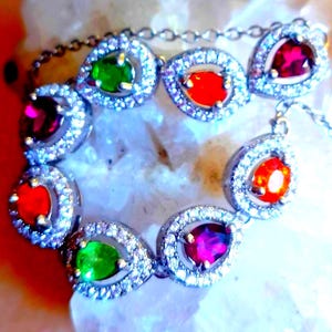 natural multicolor garnet (spessartine,tsavorite,rhodolite) 925 silver sterling 20 cm. long bracelet