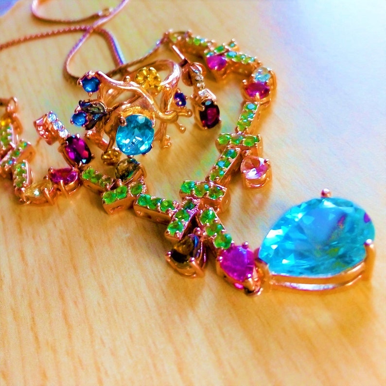 12x10 mm natural swiss blue topaz tsavorite and multicolor tourmaline 925 silver sterling rose golden plate necklace earrings and ring