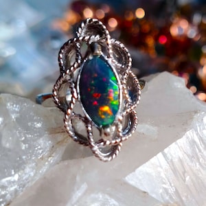 13x5 mm!! natural black opal 925 silver sterling ring size 7 3/4