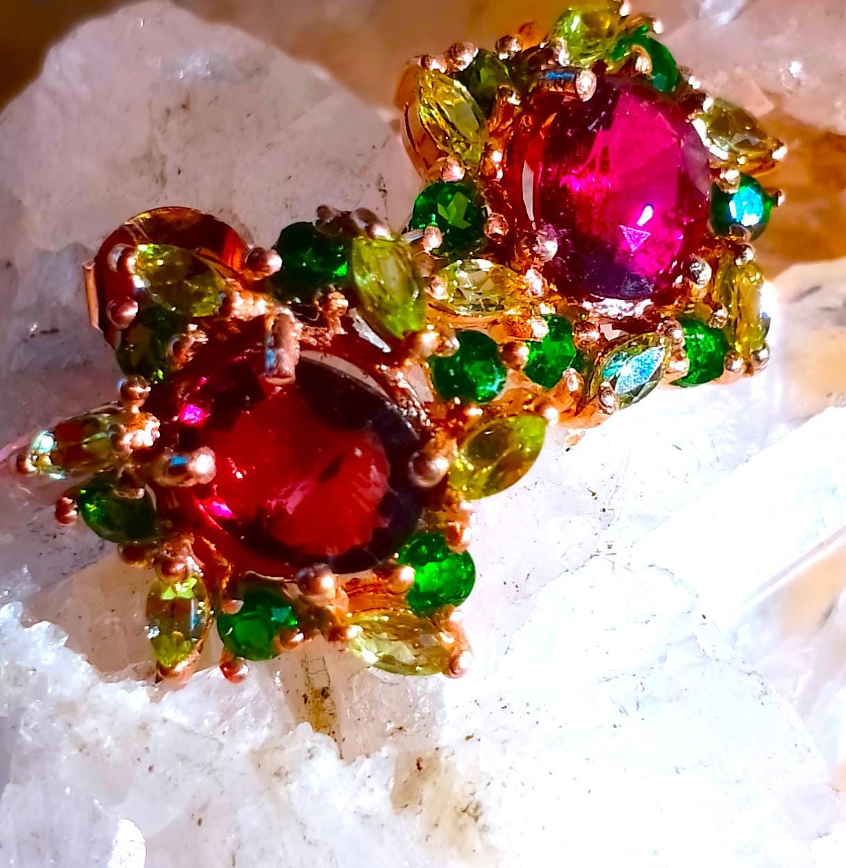 10x8 mm. natural pink tourmaline,diopside and peridot 925 silver sterling rose golden plate earrings