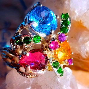 natural blue topaz, pink tourmaline, citrine, tsavorite and amethyst 925 silver sterling 2,5 cm long ring size 8 3/4