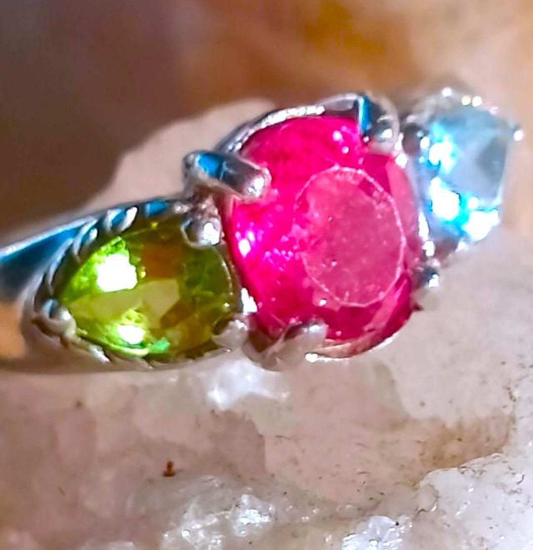 Bague Turque En Argent 925 Avec Topaze Bleue, Rubellite Rose Et Topaze Blanche - Taille 7