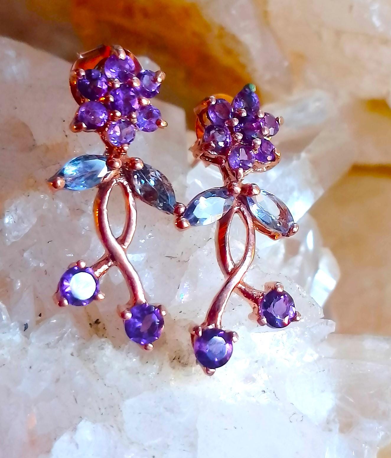 Boucles D'oreilles En Argent 925 Serties De Tanzanite Naturelle Et Améthyste - Ovale, Couleur Bleu-violet - Neuf Sans Emballage